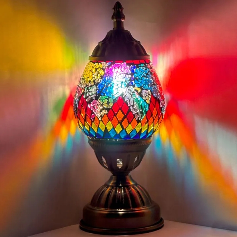 Table Lamp Bohemian Egg Shaped Shade Hand Applied Mosaic Bronze Base