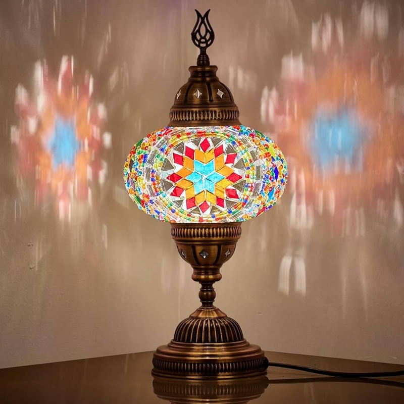 Table Lamp Bohemian Globe Hand-Cut Mosaic Glass Antique Bronze