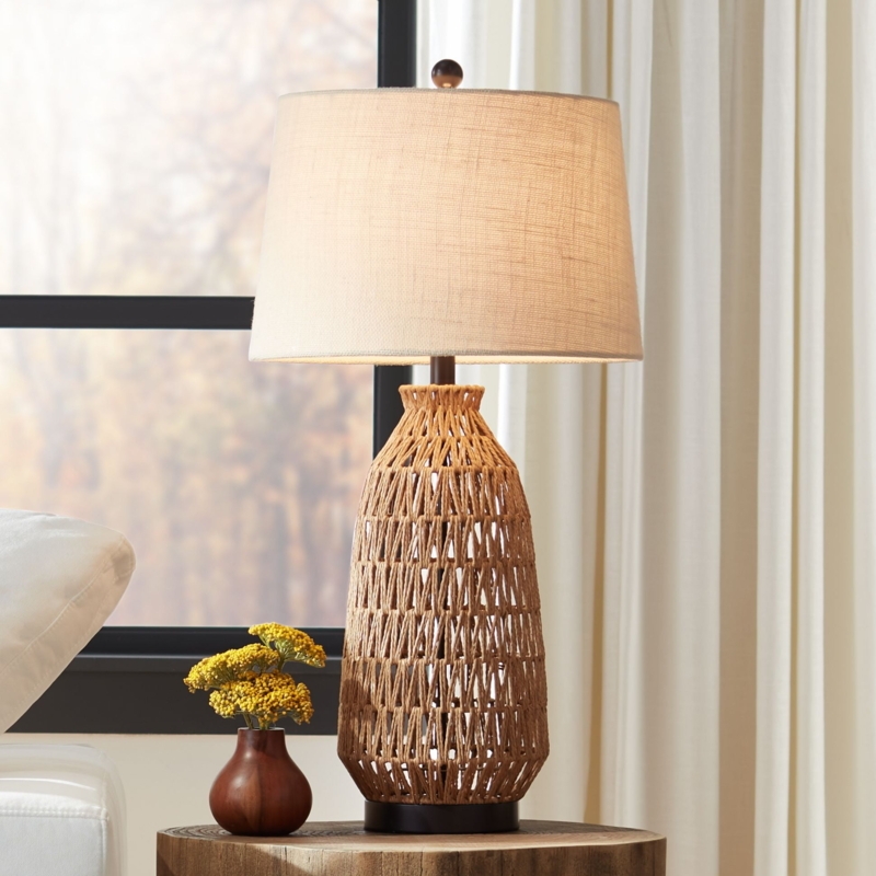 Table Lamp, Bohemian Natural Woven Rattan Base, Coastal Style.