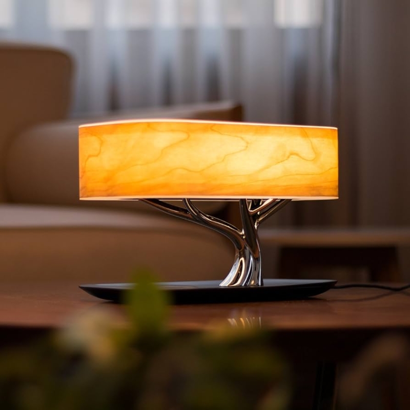Table Lamp Bonsai Tree Silhouette Wood Grain Shade Charging Base