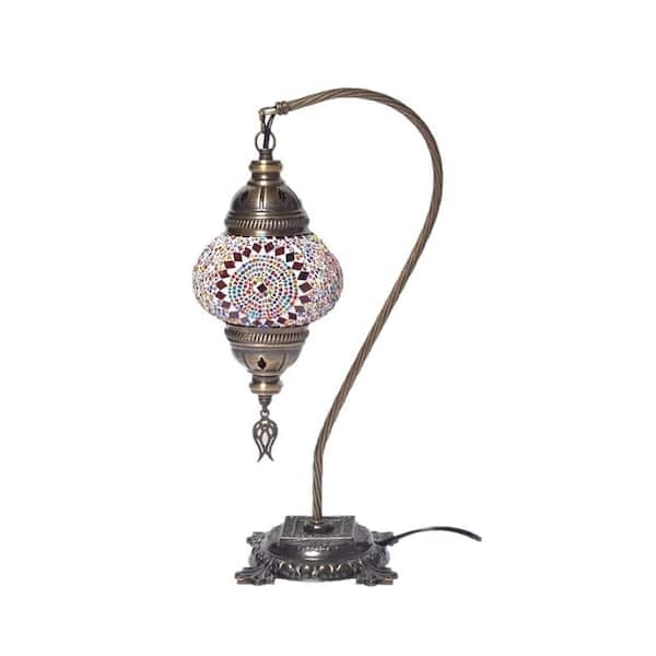 Table Lamp Brass Finished Swan Neck Circular Globe Mosaic Glass
