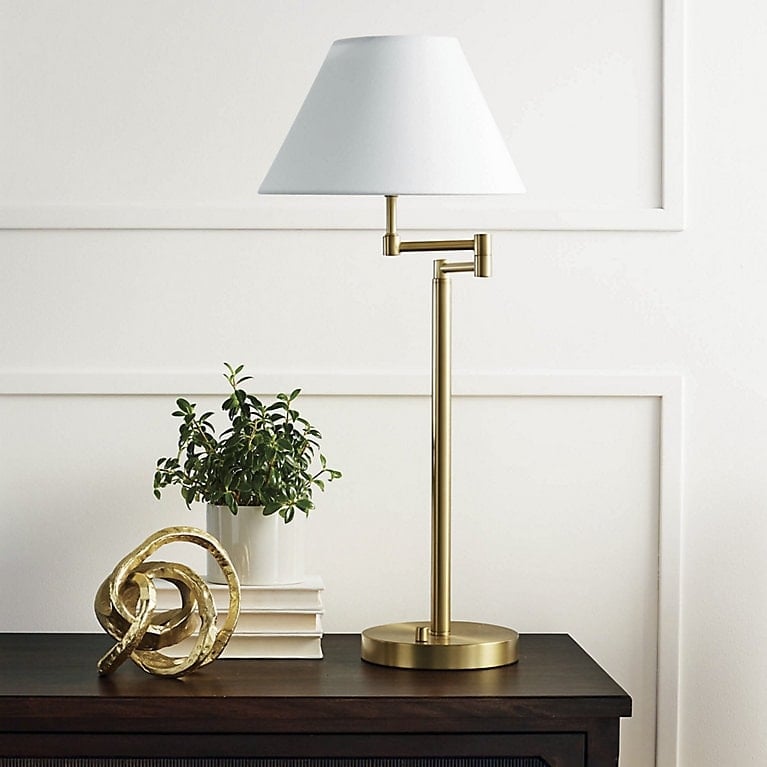 Table Lamp Brass-Toned Swing Arm Tapered Fabric Shade