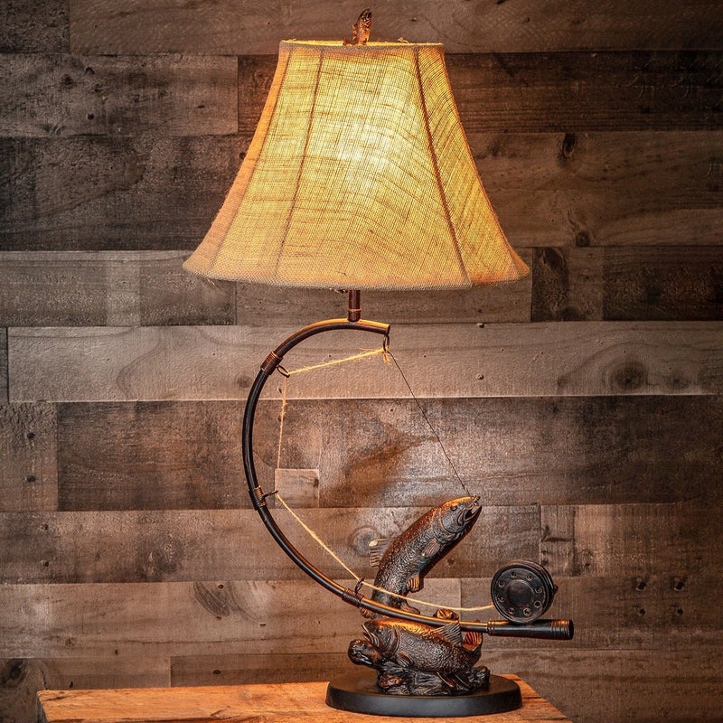 Table Lamp Bronze Bear Base Whipstitched Shade Cabin Style