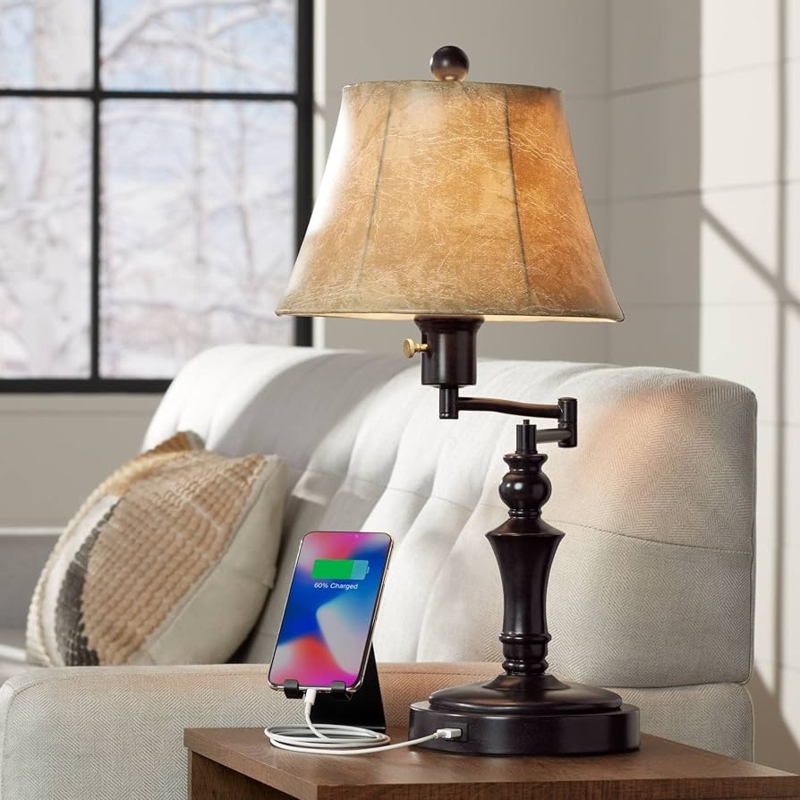 Table Lamp Bronze Swing Arm with Dual Charging Ports