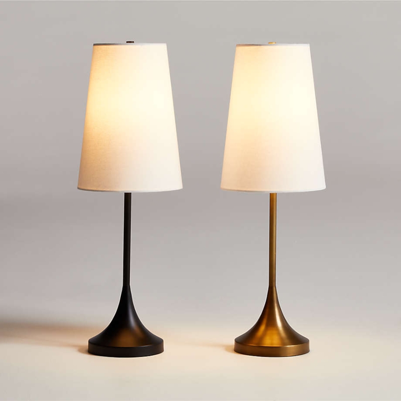 Table Lamp Brushed Brass Double Post Base White Drum Shade Minimalist