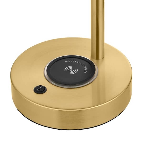 Table Lamp Brushed Gold Finish Drum Shade Wireless Charging Pad