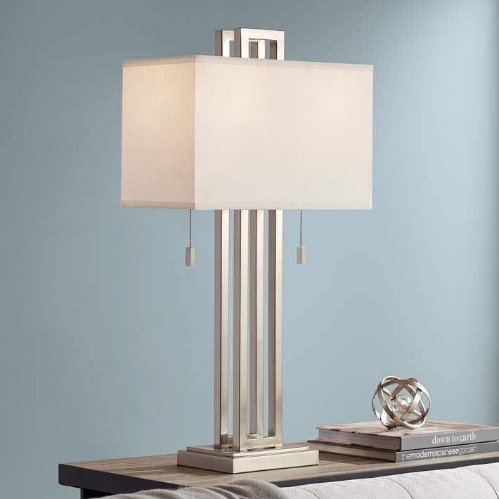 Table Lamp, Brushed Nickel Finish with Open Rectangle Base.
