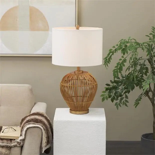 Table Lamp Bulbous Woven Rattan Base White Drum Shade Boho Chic