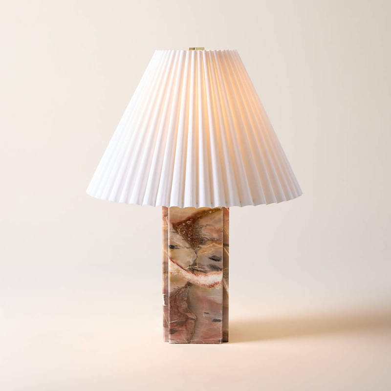 Table Lamp Burgundy Red Stone Base Sculptural Cylindrical Veined