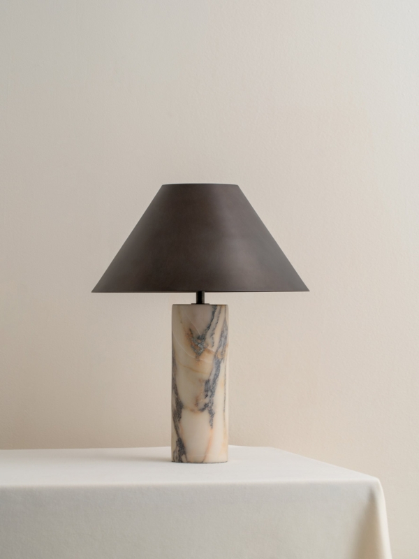 Table Lamp: Calacatta Viola Marble and Bronze Stepped Base Lighting.