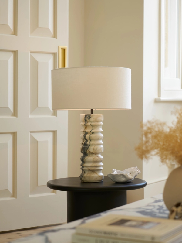 Table Lamp Calacatta Viola Marble Base Bold Purple Veining Linen Shade