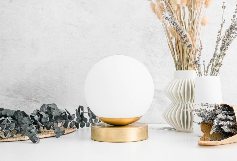 Table Lamp Cantilevered Arm Brushed Brass Frosted Globe Industrial Chic