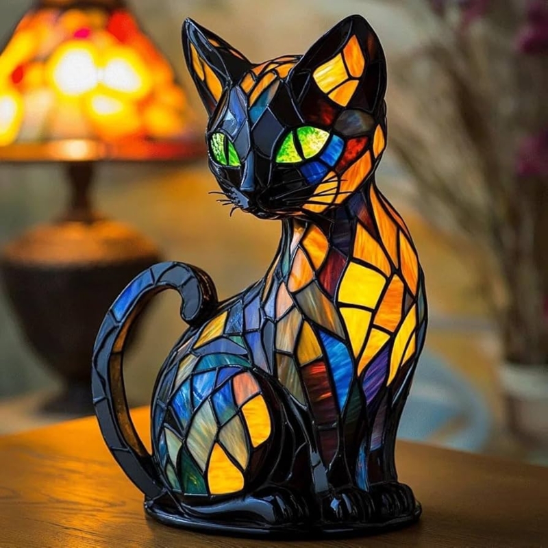 Table Lamp: Cat Shape Stained Glass Look, Retro Colorful Accent Light.