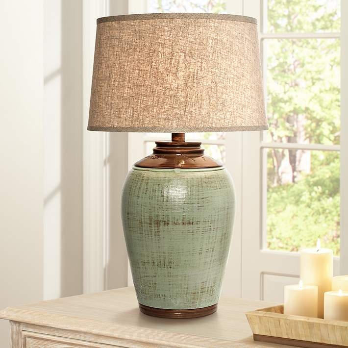 Table Lamp Celadon Green Hue Pitted Stone Texture Organic Silhouette