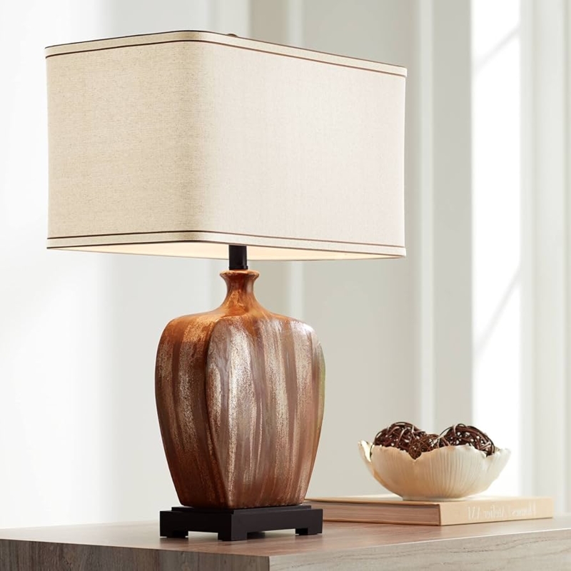 Table Lamp: Ceramic Base with Copper Drip Glaze, Rectangular Shade