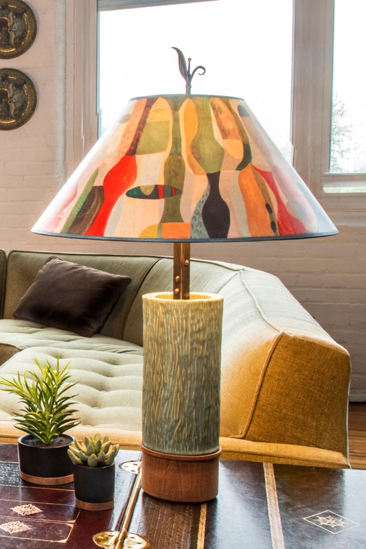 Table Lamp Ceramic Wood Base Abstract Print Conical Shade Artisan Style