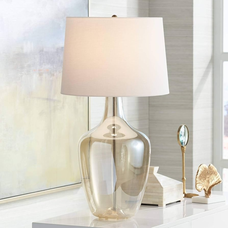 Table Lamp Champagne Tinted Glass Jar Base Off-White Drum Shade Coastal