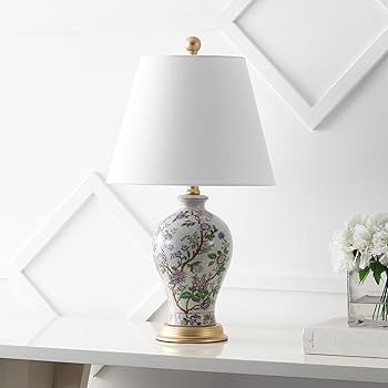 Table Lamp Chinoiserie Ginger Jar Multi Colored Botanical Gold Accents