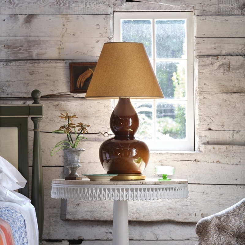 Table Lamp, Cinnamon Brown Hand-Glazed Ceramic, Pleated Shade, Traditional.