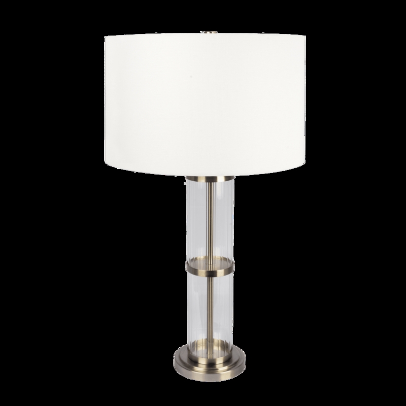 Table Lamp Clear Glass Brushed Nickel Stem White Drum Shade Minimalist