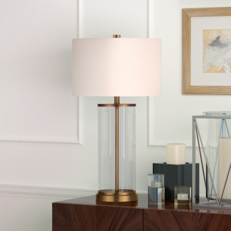 Table Lamp Clear Glass Cylinder Base Antique Brass Rod Linen Shade