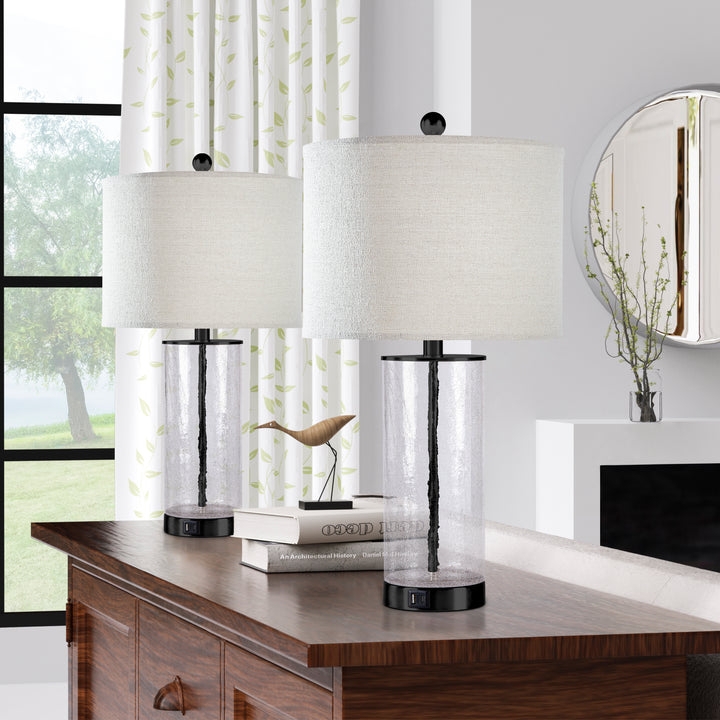 Table Lamp Clear Glass Cylinder Base Polished Gold Accent USB Port