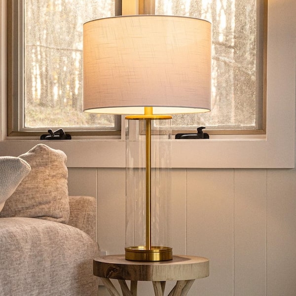 Table Lamp: Clear Gourd Glass Base, Brass Gold Accents for Elegant Styling