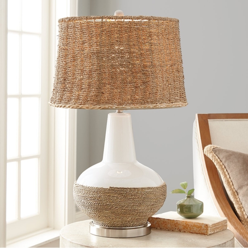 Table Lamp, Clear Nautical Glass Cube Lamp with Rope Filled Base.