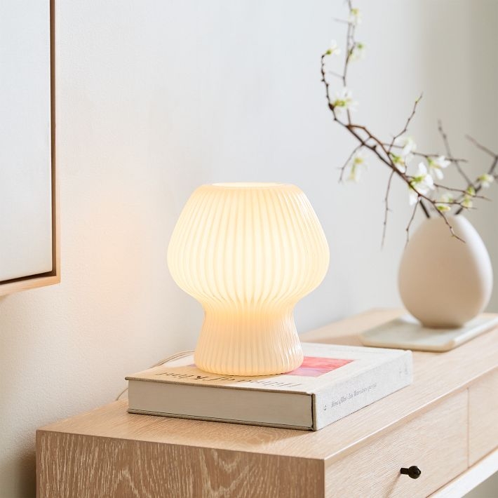 Table Lamp: Clear Ribbed Glass Cylindrical Base for Minimalist Lighting