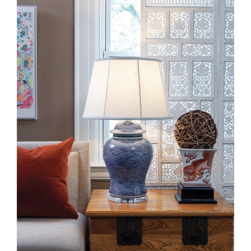 Table Lamp Coastal Blue White Wave Pattern Temple Jar Base