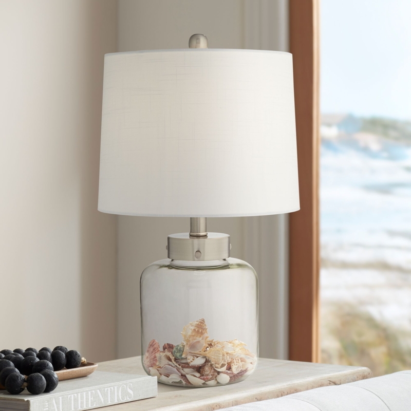 Table Lamp, Coastal Clear Glass Fillable Base with Sea Shells, Linen