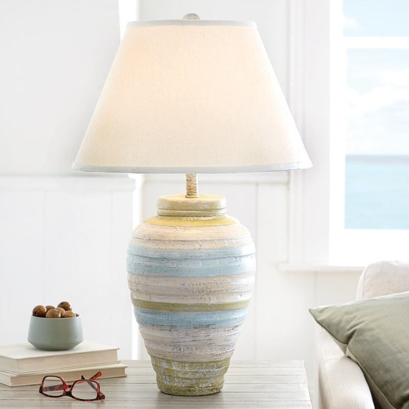 Table Lamp, Coastal Cottage Ceramic with Ribbed Base Lighting Concept.
