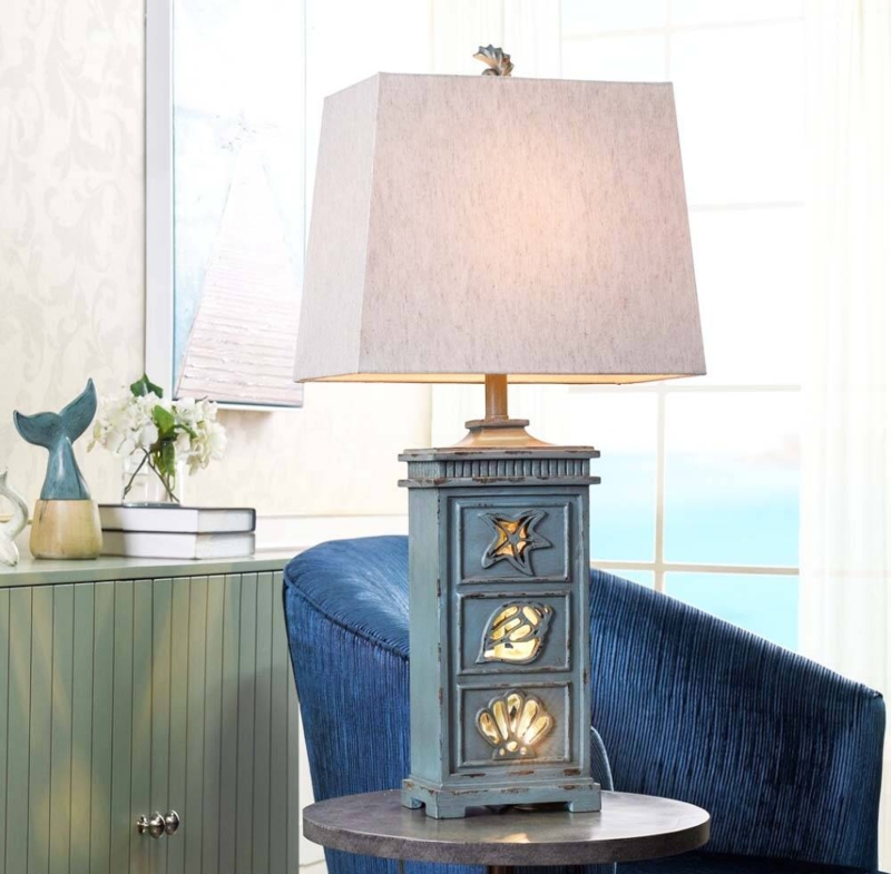 Table Lamp Coastal Navy Blue Ceramic Base White Anchor Motif