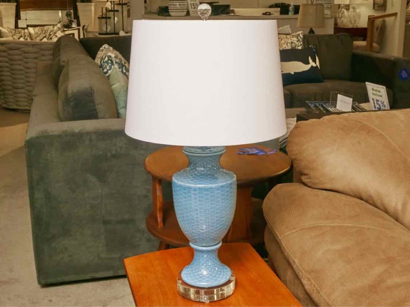Table Lamp, Coastal Retro Ice Blue Porcelain Basket Weave Texture Base