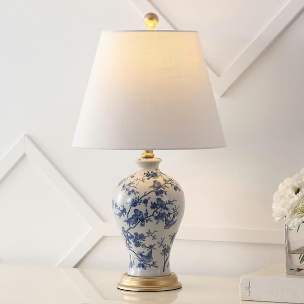 Table Lamp Coastal Style Blue White Floral Gold Toned Accents