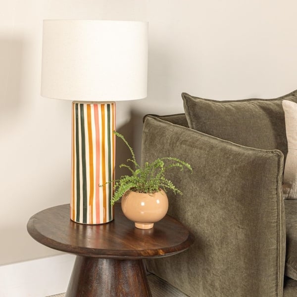 Table Lamp Coastal Style Multicolor Stripe Base Drum Shade Glossy