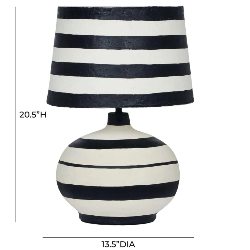 Table Lamp Coastal Teal Cream Striped Papier Mache Texture