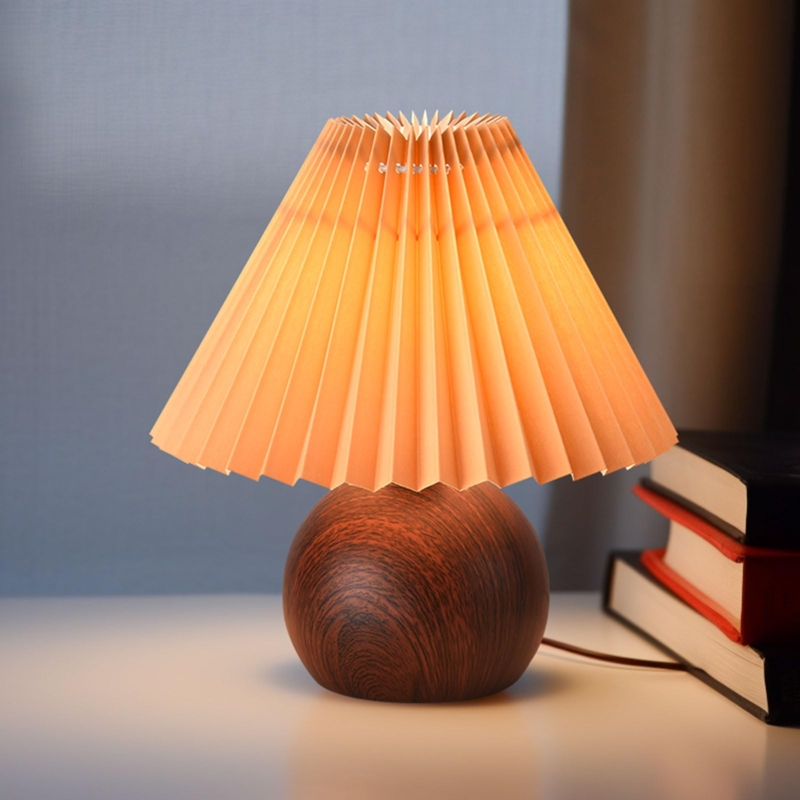 Table Lamp Coffee Pleated Shade Round Wood Base Boho Lighting Decor