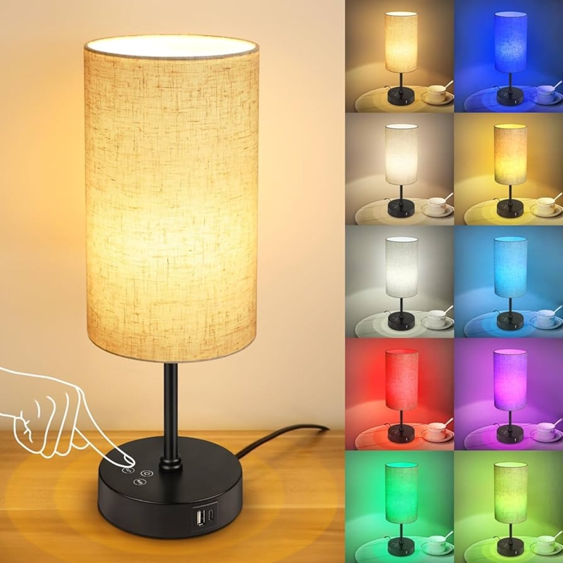 Table Lamp Compact Cylindrical Form Wood Base Small Nightstand Lamp