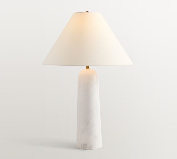 Table Lamp Compact Cylindrical Stone Base Gold Neck White Drum Shade