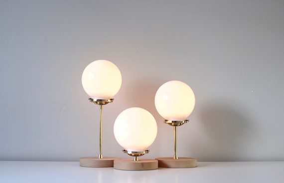 Table Lamp Compact Size Wood Base Brass Neck Frosted Globe Warm