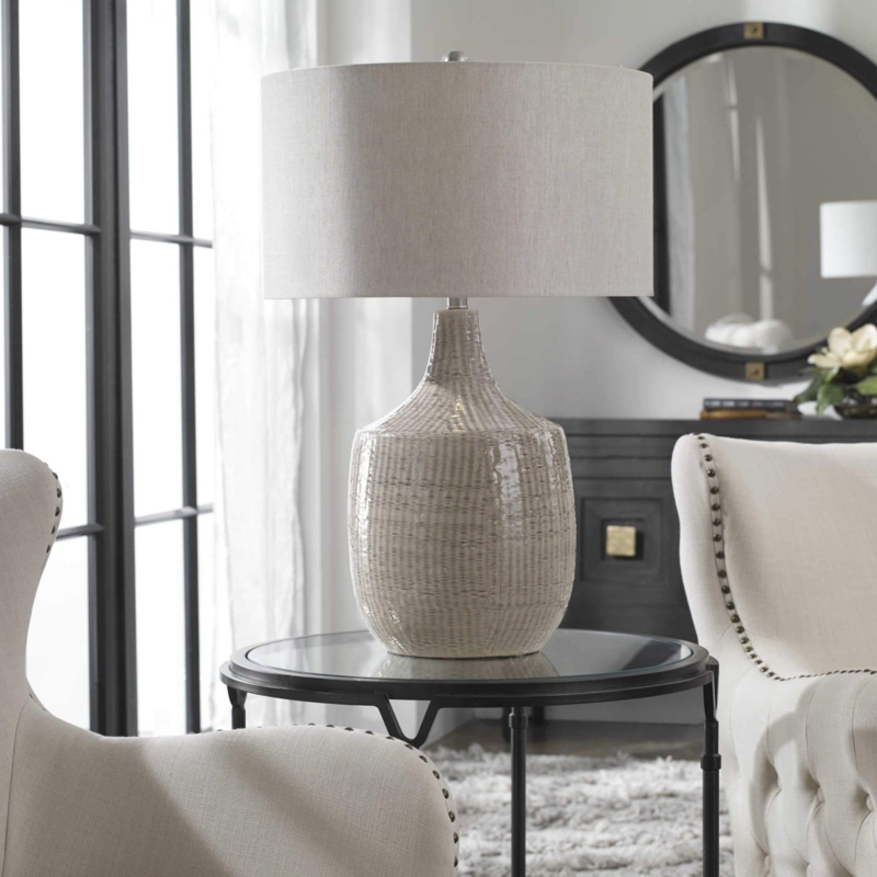 Table Lamp Concrete Tapered Base Brass Trim Modern Gray Stone Table Lamp
