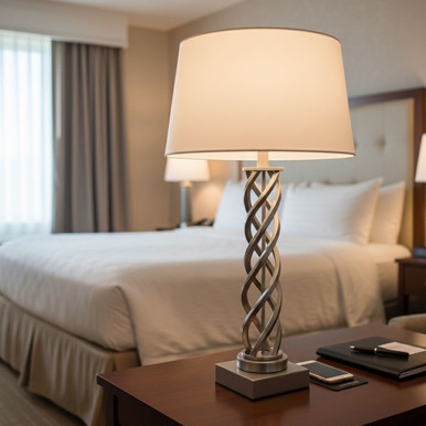 Table Lamp Contemporary Brushed Steel Double Helix Sculptural Drum Shade