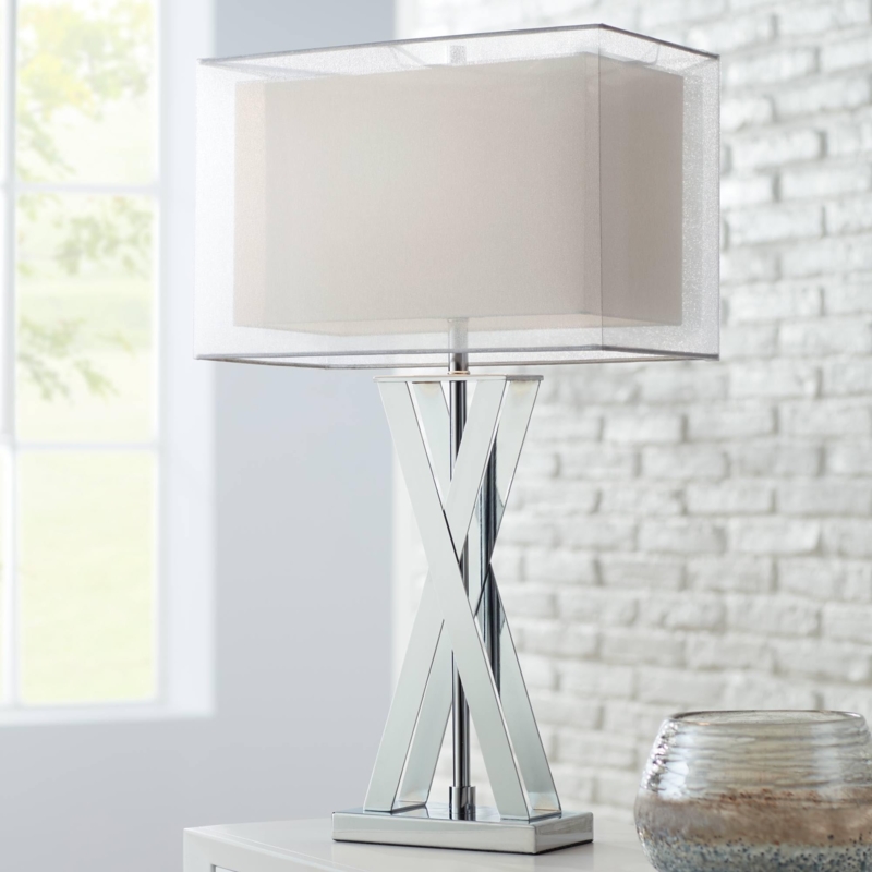 Table Lamp Contemporary Geometric Crisscross Base Rectangular Shade