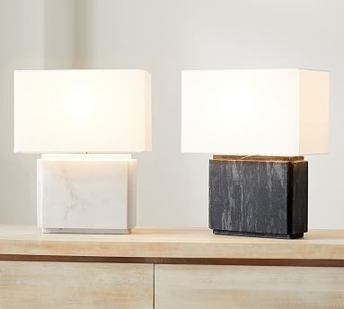 Table Lamp, Contemporary Rectangular Marble Base with Gold Accents.