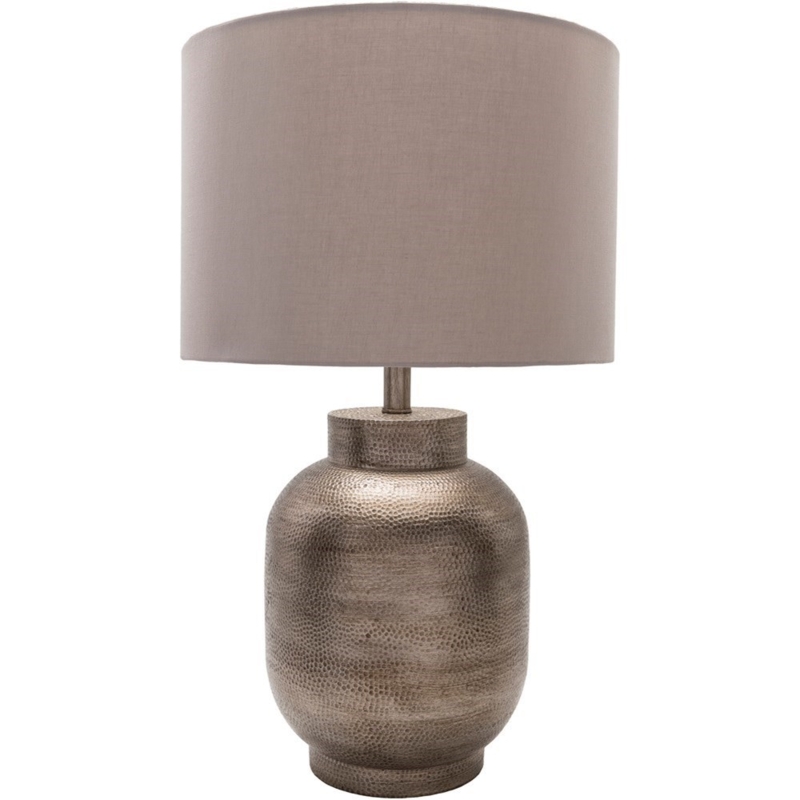 Table Lamp Contemporary Ribbed Pewter Gourd Base Drum Shade