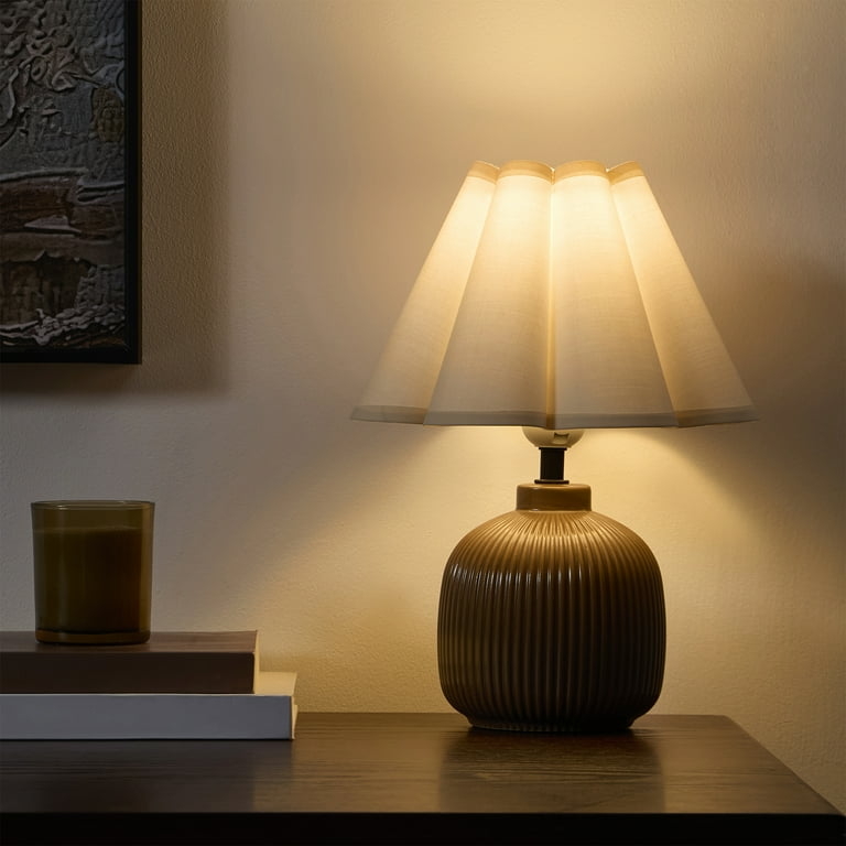 Table Lamp Contemporary Ribbed Surface Chocolate Ceramic Base Compact