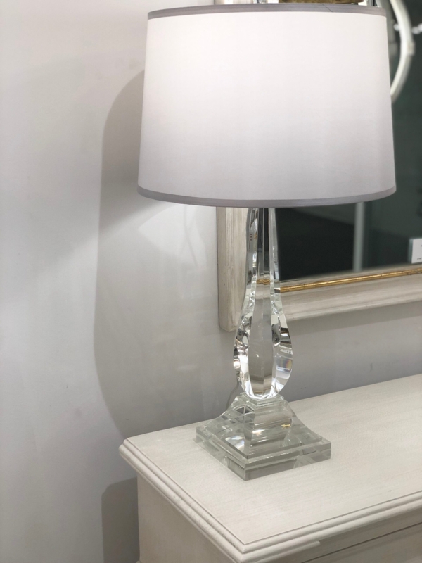 Table Lamp, Contemporary Stacked Crystal Square Base, White Drum Shade