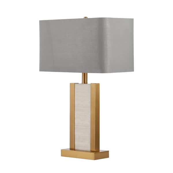Table Lamp, Contemporary Travertine Base with Gray Fabric Shade.