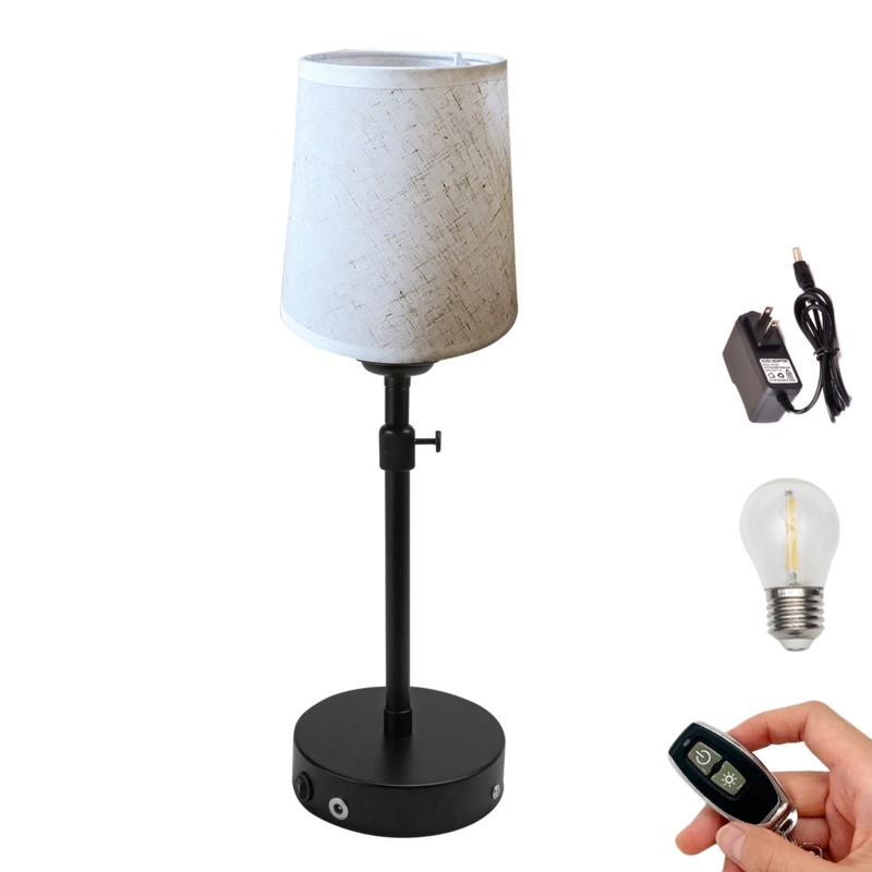 Table Lamp Cordless Adjustable Height Gold-Toned Stem Fabric Shade